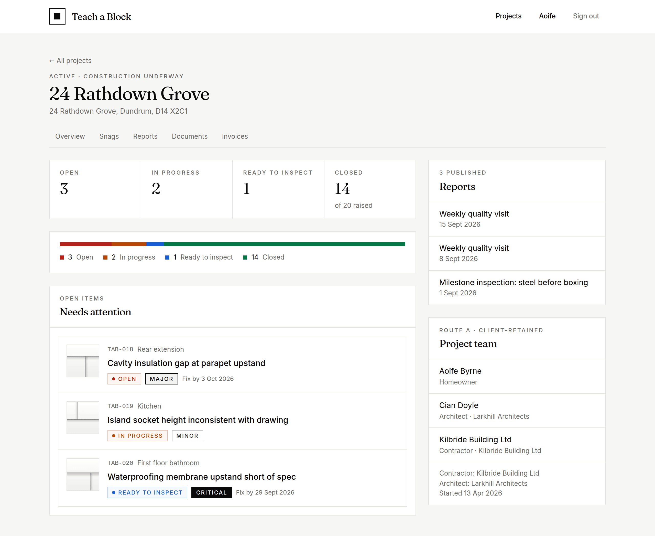 A project dashboard with snag counts, status bar and a needs-attention list showing a major, a minor and a critical snag