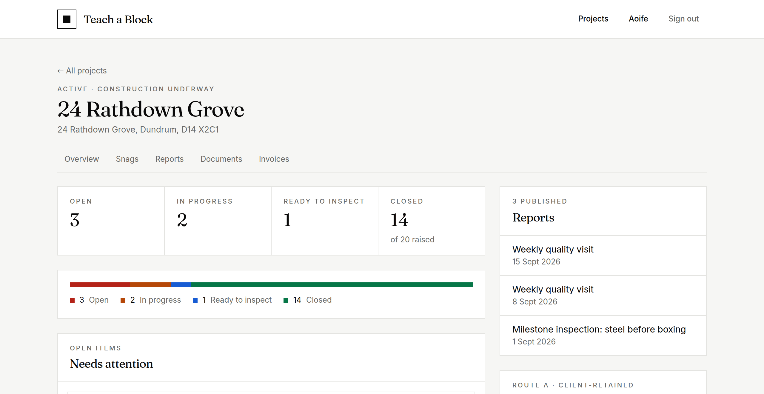 The project dashboard in the Teach a Block client portal, showing open snags and their status