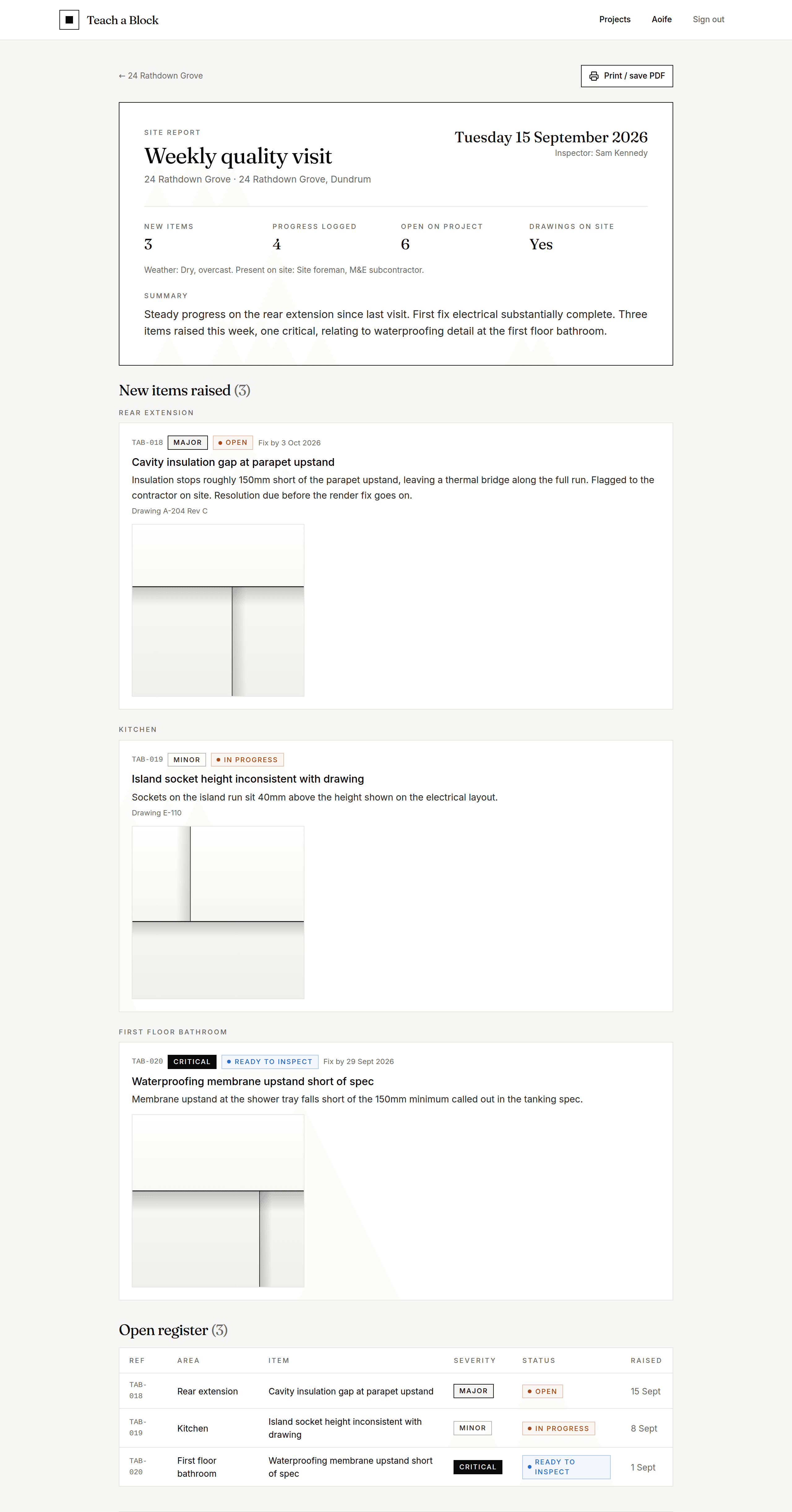 A published site inspection report with three example snags raised on the visit, each with a photograph, severity and status, and an open register table